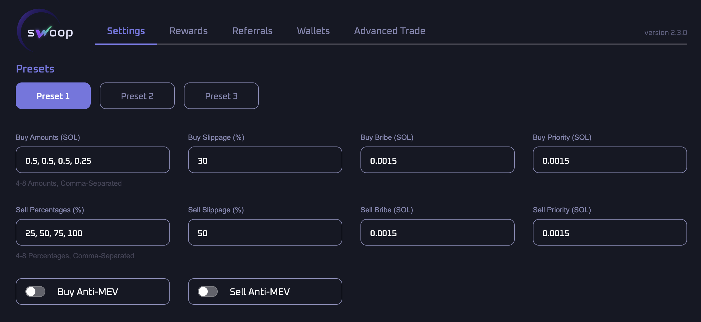 Настройки Swoop Extension